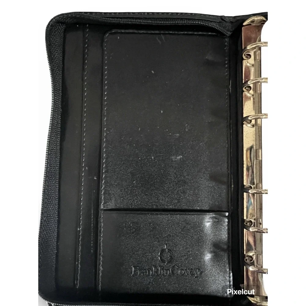 Vtg 90's FRANKLIN COVEY Classic Black Full-Grain Aniline Leather 6 Ring Zip